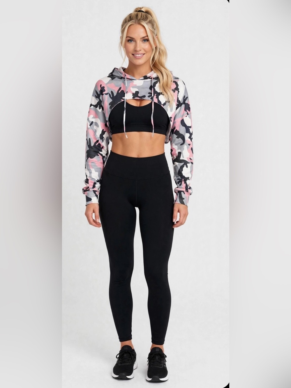 Sweet Generis Camo Crop Hoodie in Pink, Gray & White